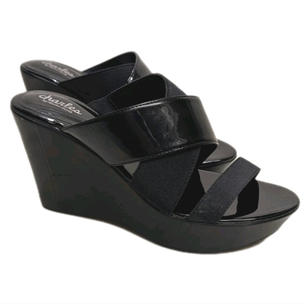 NWOB NWT Charles Charles David Heeled Wedges 9 Black Faux Patent Leather #90s